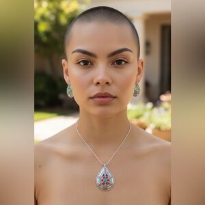 Statement Silver Pendant Necklace & Matching Earrings